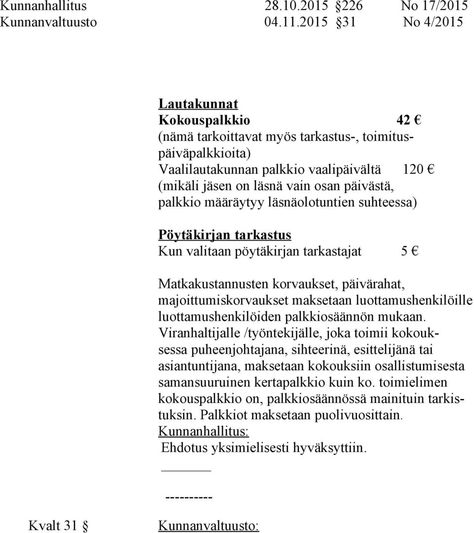 palkkio määräytyy läsnäolotuntien suhteessa) Pöytäkirjan tarkastus Kun valitaan pöytäkirjan tarkastajat 5 Matkakustannusten korvaukset, päivärahat, majoittumiskorvaukset maksetaan