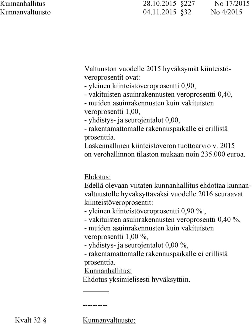 asuinrakennusten kuin vakituisten veroprosentti 1,00, - yhdistys- ja seurojentalot 0,00, - rakentamattomalle rakennuspaikalle ei erillistä prosenttia. Laskennallinen kiinteistöveron tuottoarvio v.