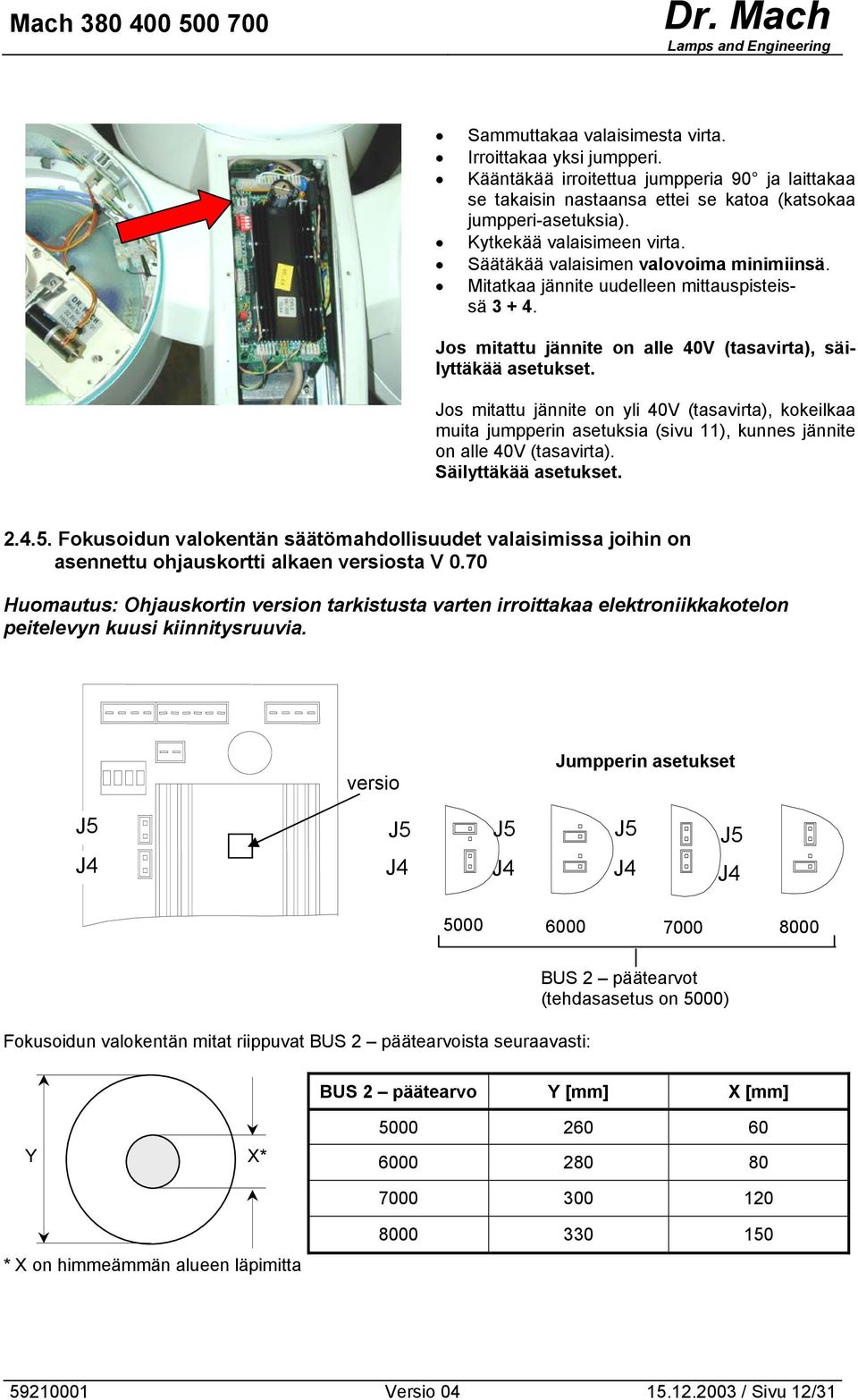 Jos mitattu jännite on yli 40V (tasavirta), kokeilkaa muita jumpperin asetuksia (sivu 11), kunnes jännite on alle 40V (tasavirta). Säilyttäkää asetukset. 2.4.5.