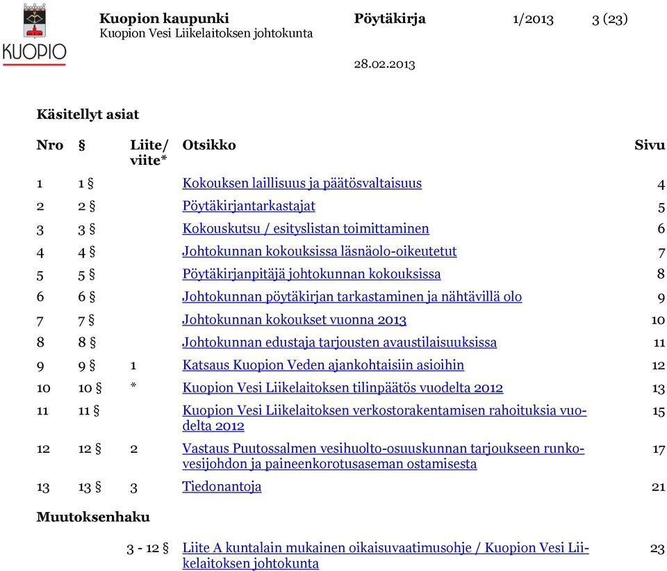 kokoukset vuonna 2013 10 8 8 Johtokunnan edustaja tarjousten avaustilaisuuksissa 11 9 9 1 Katsaus Kuopion Veden ajankohtaisiin asioihin 12 10 10 * Kuopion Vesi Liikelaitoksen tilinpäätös vuodelta