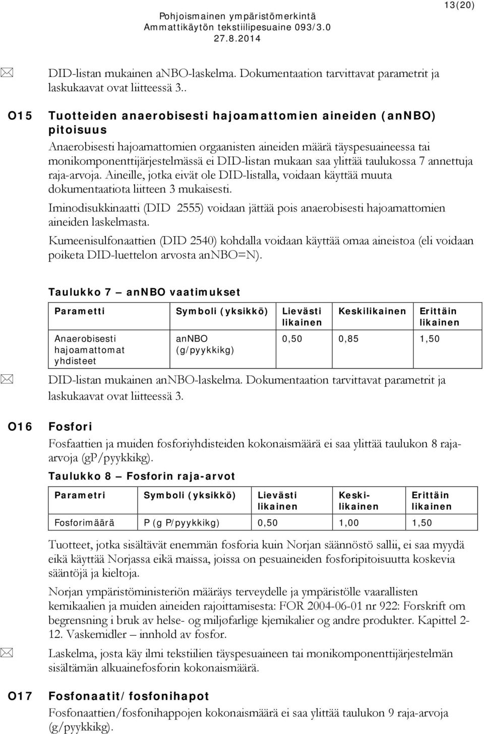 saa ylittää taulukossa 7 annettuja raja-arvoja. Aineille, jotka eivät ole DID-listalla, voidaan käyttää muuta dokumentaatiota liitteen 3 mukaisesti.