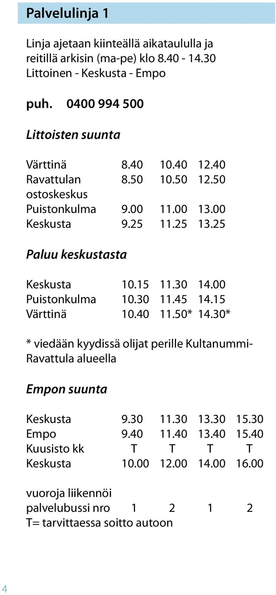 25 Paluu keskustasta Keskusta 10.15 11.30 14.00 Puistonkulma 10.30 11.45 14.15 Värttinä 10.40 11.50* 14.