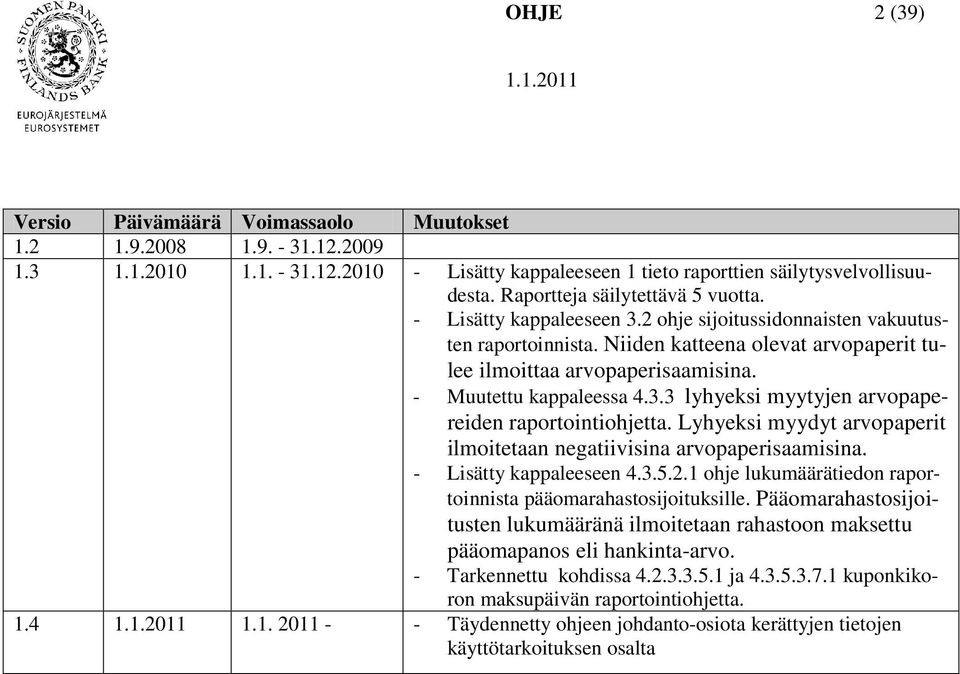 - Muutettu kappaleessa 4.3.3 lyhyeksi myytyjen arvopapereiden raportointiohjetta. Lyhyeksi myydyt arvopaperit ilmoitetaan negatiivisina arvopaperisaamisina. - Lisätty kappaleeseen 4.3.5.2.