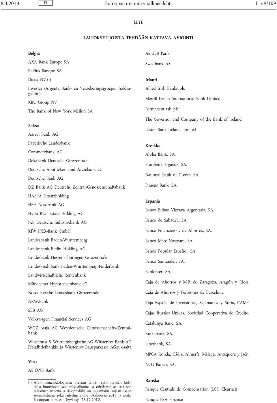 Ärztebank eg Deutsche Bank AG DZ Bank AG Deutsche Zentral-Genossenschaftsbank HASPA Finanzholding HSH Nordbank AG Hypo Real Estate Holding AG IKB Deutsche Industriebank AG KfW IPEX-Bank GmbH