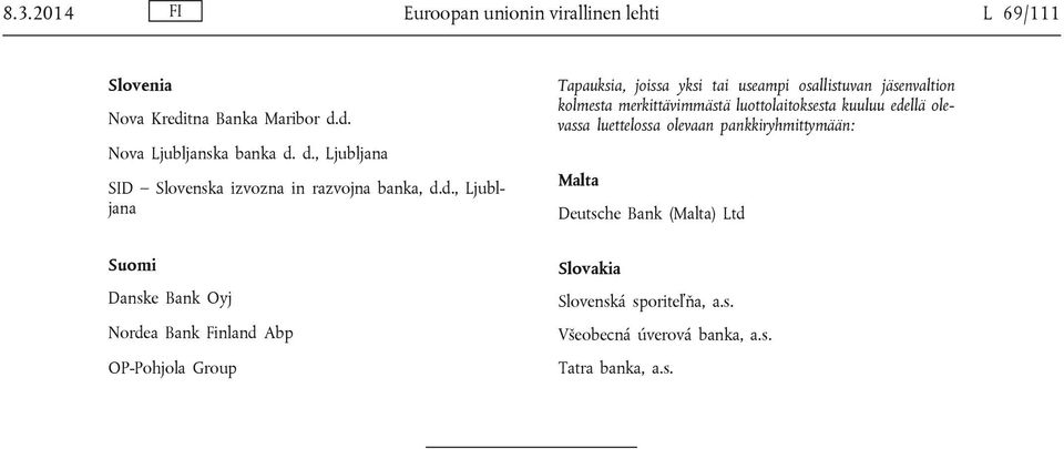 osallistuvan jäsenvaltion kolmesta merkittävimmästä luottolaitoksesta kuuluu edellä olevassa luettelossa olevaan pankkiryhmittymään: