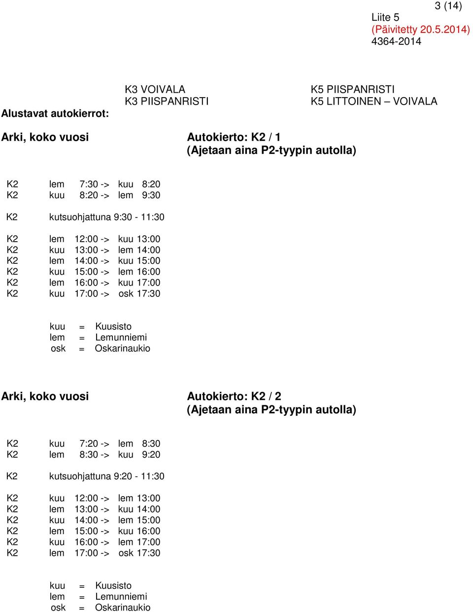 kuu = Kuusisto lem = Lemunniemi osk = Oskarinaukio Arki, koko vuosi Autokierto: K2 / 2 K2 kuu 7:20 -> lem 8:30 K2 lem 8:30 -> kuu 9:20 K2 kutsuohjattuna 9:20-11:30 K2 kuu 12:00 -> lem