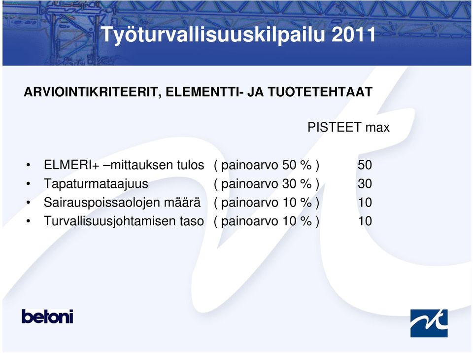 Tapaturmataajuus ( painoarvo 30 % ) 30 Sairauspoissaolojen