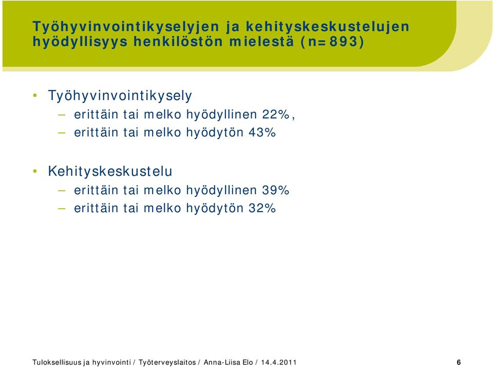 hyödytön 43% Kehityskeskustelu erittäin tai melko hyödyllinen 39% erittäin tai melko