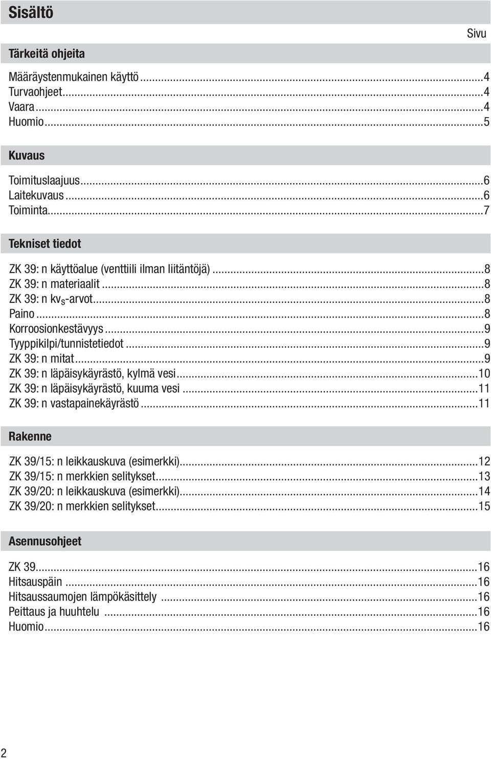 ..9 ZK 39: n mitat...9 ZK 39: n läpäisykäyrästö, kylmä vesi...10 ZK 39: n läpäisykäyrästö, kuuma vesi...11 ZK 39: n vastapainekäyrästö...11 Rakenne ZK 39/15: n leikkauskuva (esimerkki).