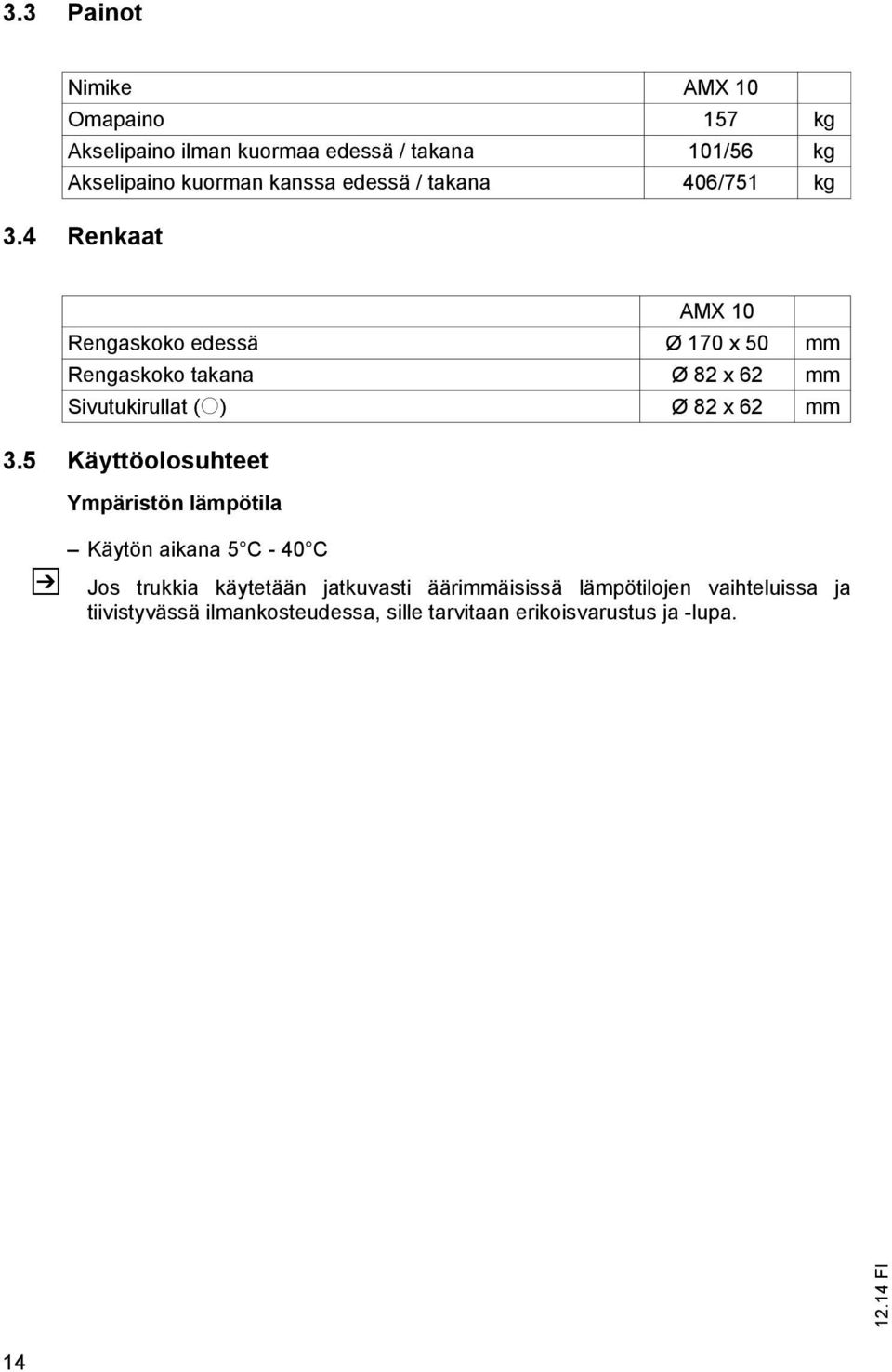 5 Käyttöolosuhteet Z AMX 10 Rengaskoko edessä Ø 170 x 50 mm Rengaskoko takana Ø 82 x 62 mm Sivutukirullat (o) Ø 82 x 62