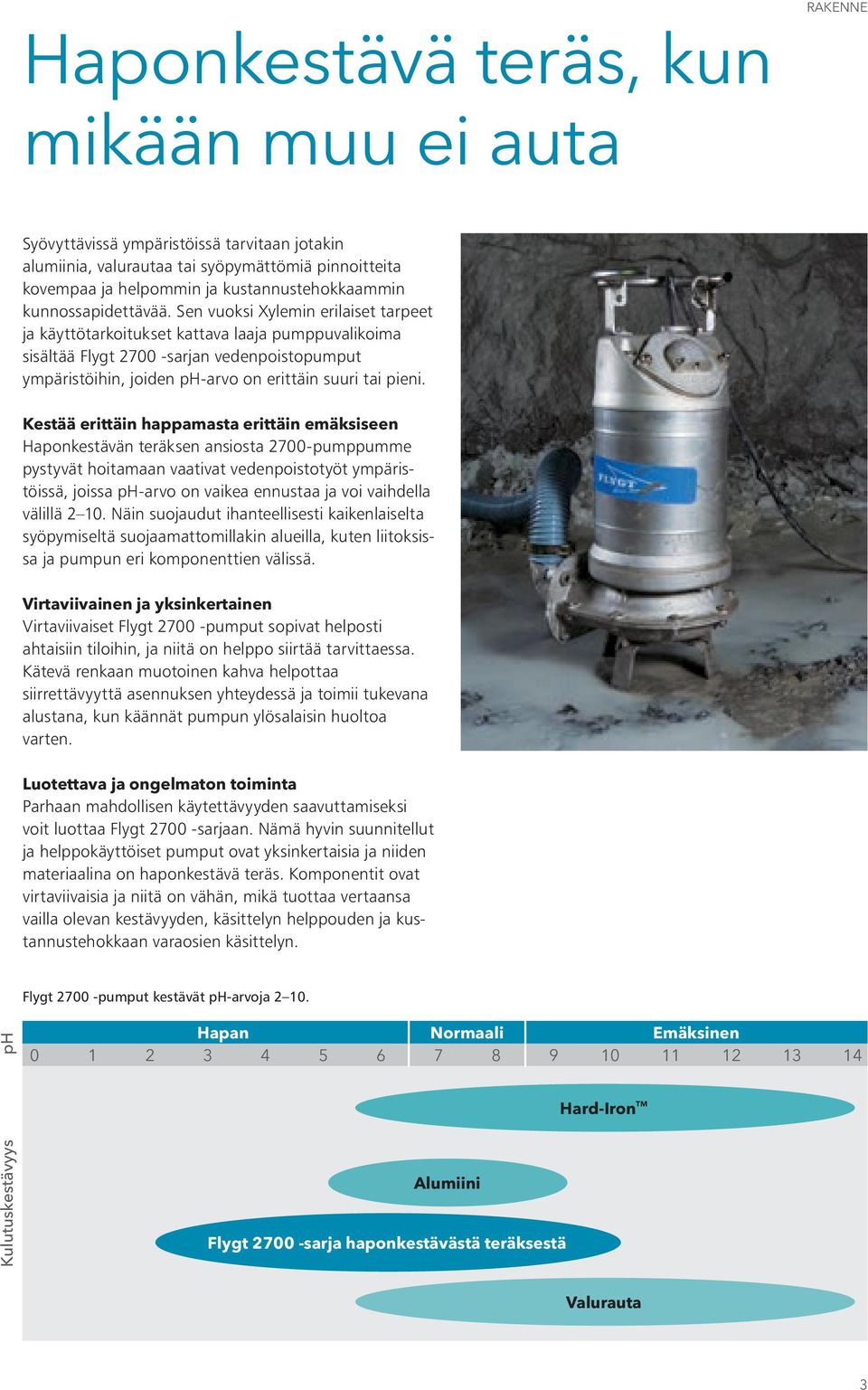 Sen vuoksi Xylemin erilaiset tarpeet ja käyttötarkoitukset kattava laaja pumppuvalikoima sisältää Flygt 2700 -sarjan vedenpoistopumput ympäristöihin, joiden ph-arvo on erittäin suuri tai pieni.