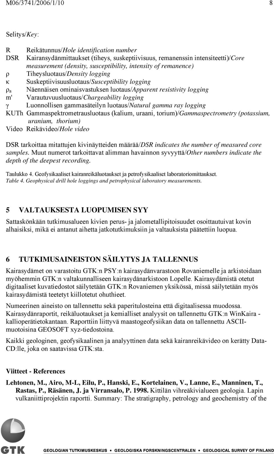 Varautuvuusluotaus/Chargeability logging γ Luonnollisen gammasäteilyn luotaus/natural gamma ray logging KUTh Gammaspektrometrausluotaus (kalium, uraani, torium)/gammaspectrometry (potassium, uranium,