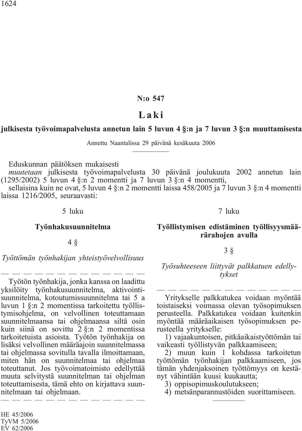 ja 7 luvun 3 :n 4 momentti laissa 1216/2005, seuraavasti: 5 luku Työnhakusuunnitelma 4 Työttömän työnhakijan yhteistyövelvollisuus Työtön työnhakija, jonka kanssa on laadittu yksilöity