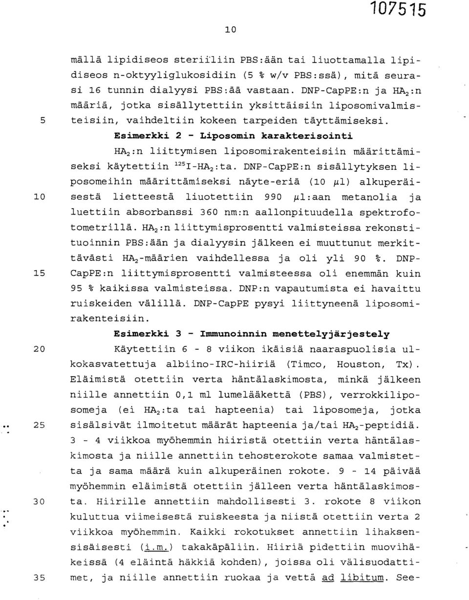 Esimerkki 2 - Liposomin karakterisointi HA2 :n liittymisen liposomirakenteisiin määrittämiseksi käytettiin 125 I-HA2 :ta.