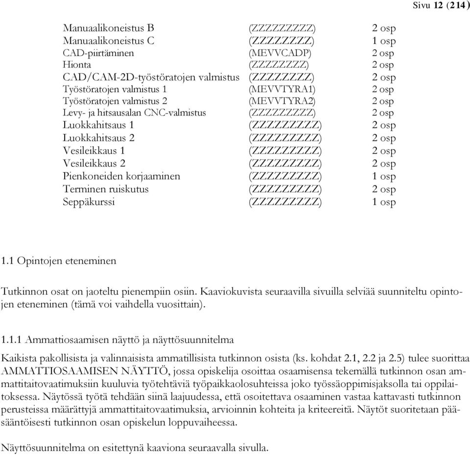 (ZZZZZZZZZ) 2 osp Vesileikkaus 1 (ZZZZZZZZZ) 2 osp Vesileikkaus 2 (ZZZZZZZZZ) 2 osp Pienkoneiden korjaaminen (ZZZZZZZZZ) 1 osp Terminen ruiskutus (ZZZZZZZZZ) 2 osp Seppäkurssi (ZZZZZZZZZ) 1 osp 1.