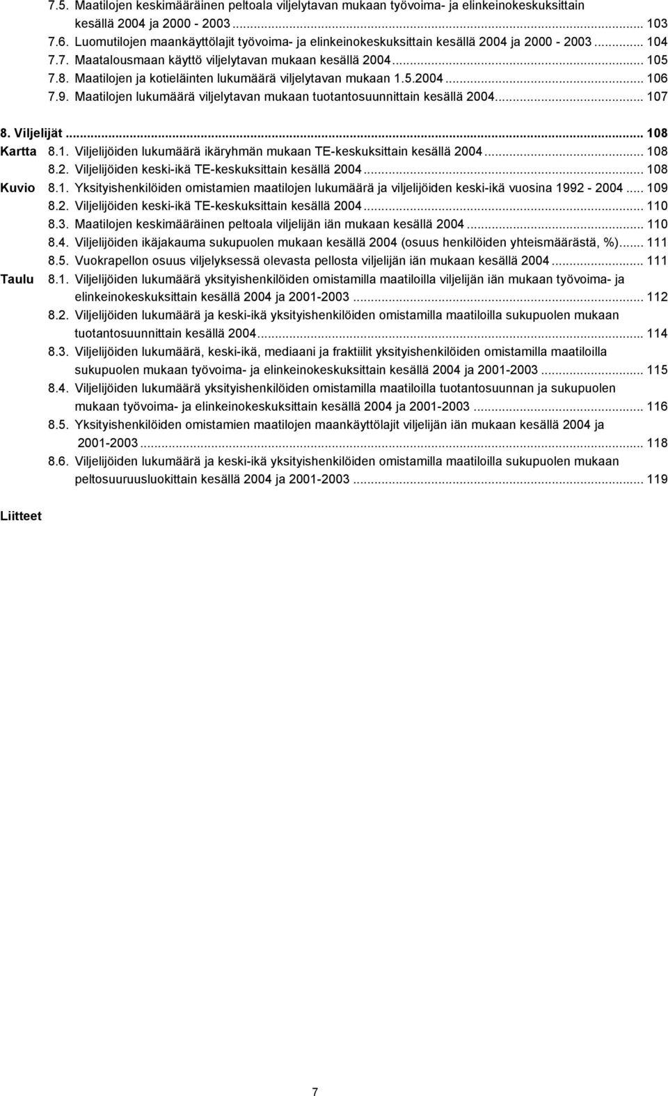 Maatilojen ja kotieläinten lukumäärä viljelytavan mukaan 1.5.2004... 106 7.9. Maatilojen lukumäärä viljelytavan mukaan tuotantosuunnittain kesällä 2004... 107 8. Viljelijät... 108 Kartta 8.1. Viljelijöiden lukumäärä ikäryhmän mukaan TE-keskuksittain kesällä 2004.