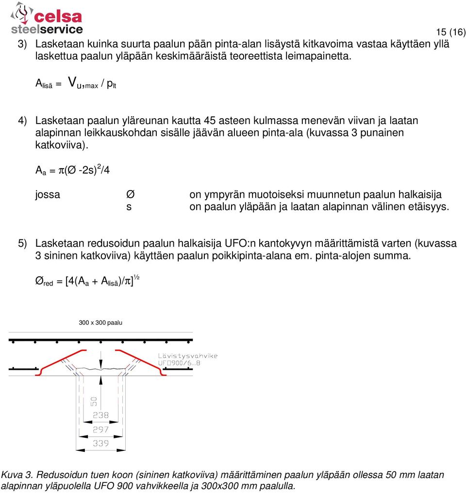 A a = π(ø -2s) 2 /4 jossa Ø on ympyrän muotoiseksi muunnetun paalun halkaisija s on paalun yläpään ja laatan alapinnan välinen etäisyys.