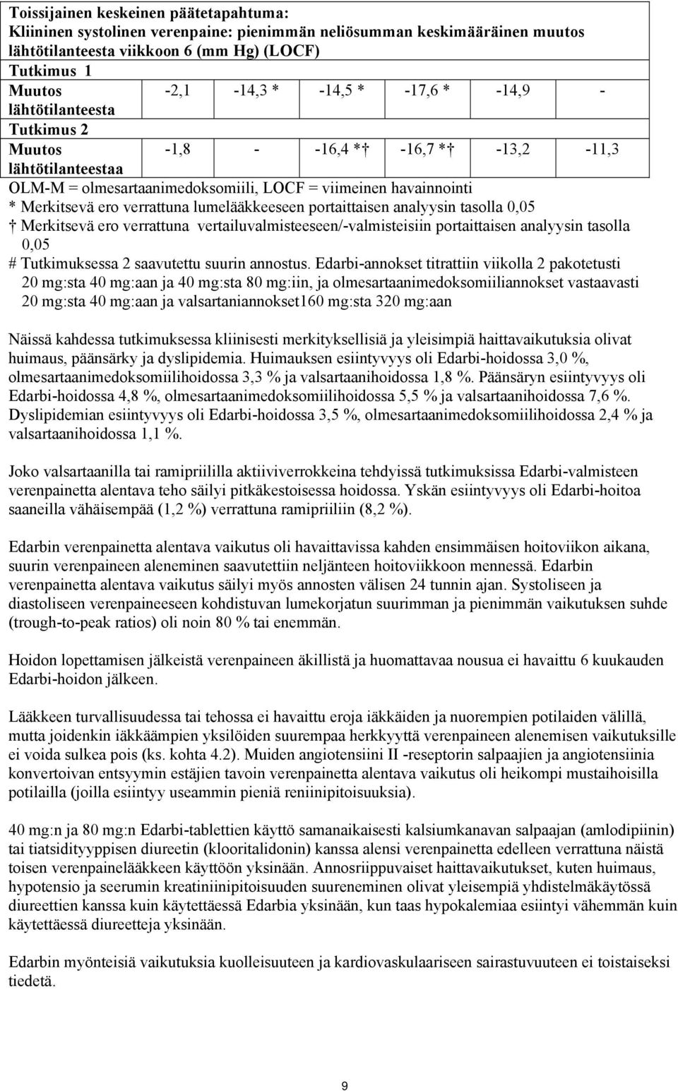 lumelääkkeeseen portaittaisen analyysin tasolla 0,05 Merkitsevä ero verrattuna vertailuvalmisteeseen/-valmisteisiin portaittaisen analyysin tasolla 0,05 # Tutkimuksessa 2 saavutettu suurin annostus.