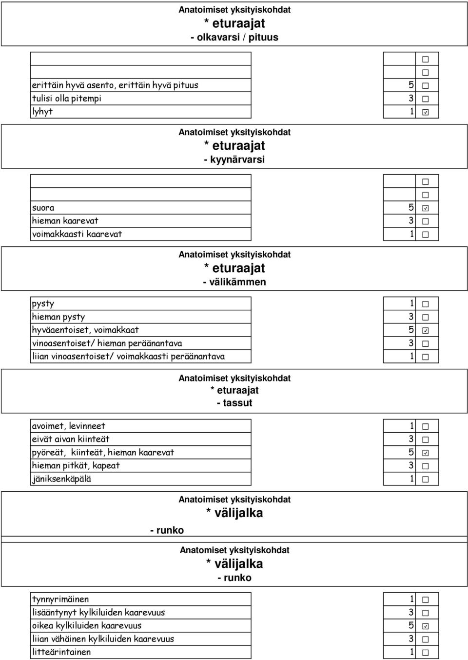 välikämmen * eturaajat - tassut - runko *