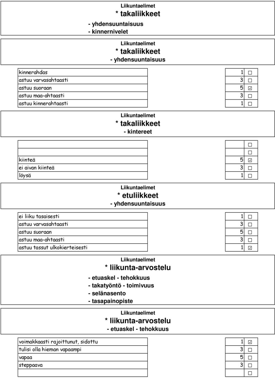 yhdensuuntaisuus Liikuntaelimet * liikunta-arvostelu - etuaskel - tehokkuus - takatyöntö -