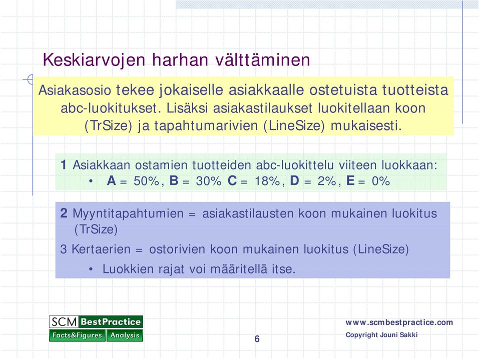 1 Asiakkaan ostamien tuotteiden abc-luokittelu viiteen luokkaan: A = 50%, B = 30% C = 18%, D =2% 2%, E =0% 2