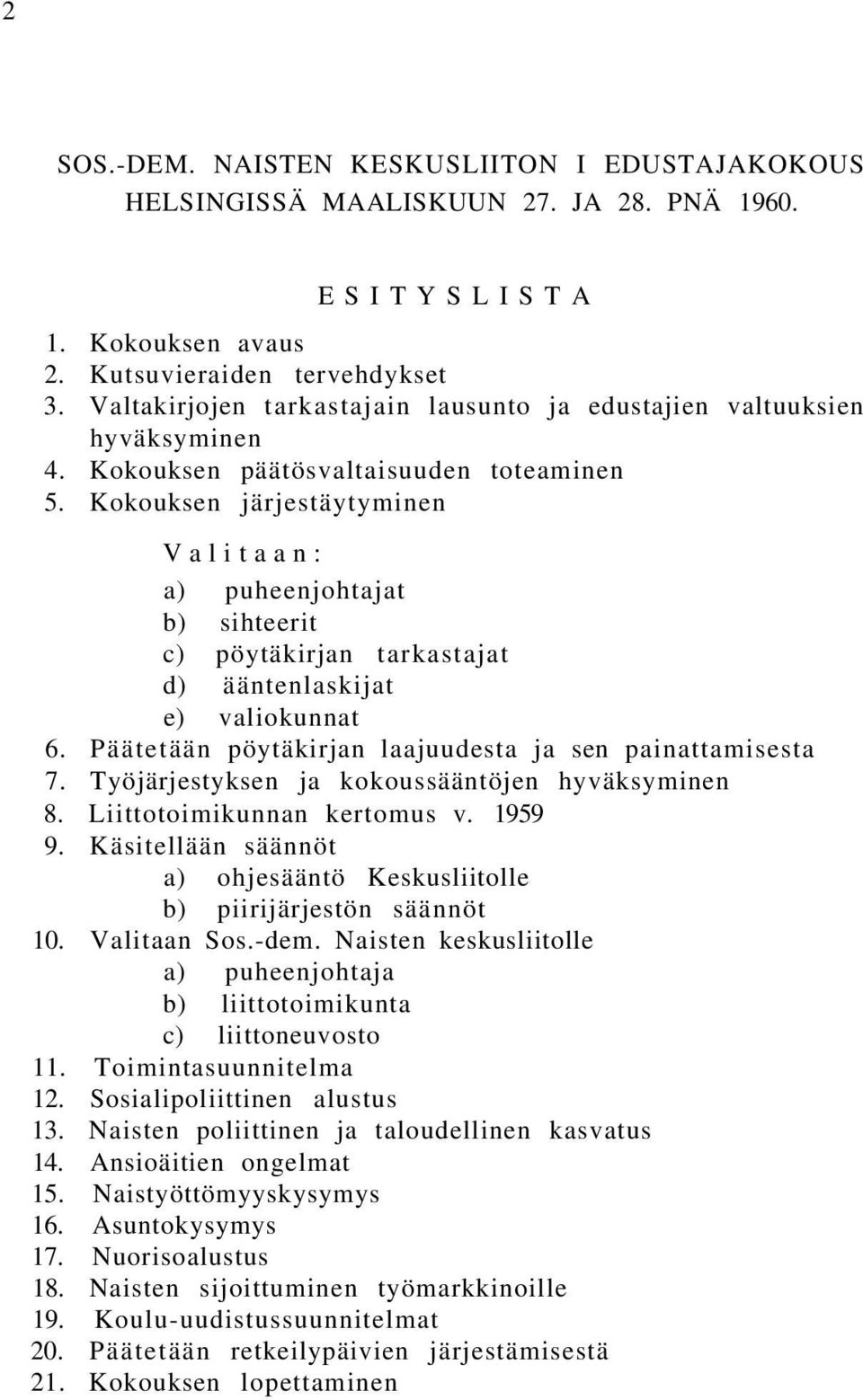 Kokouksen järjestäytyminen Valitaan: a) puheenjohtajat b) sihteerit c) pöytäkirjan tarkastajat d) ääntenlaskijat e) valiokunnat 6. Päätetään pöytäkirjan laajuudesta ja sen painattamisesta 7.