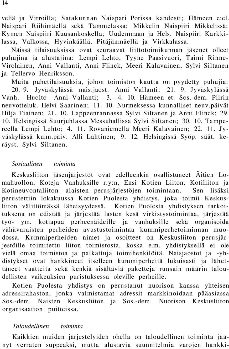 Näissä tilaisuuksissa ovat seuraavat liittotoimikunnan jäsenet olleet puhujina ja alustajina: Lempi Lehto, Tyyne Paasivuori, Taimi Rinne- Virolainen, Anni Vallanti, Anni Flinck, Meeri Kalavainen,