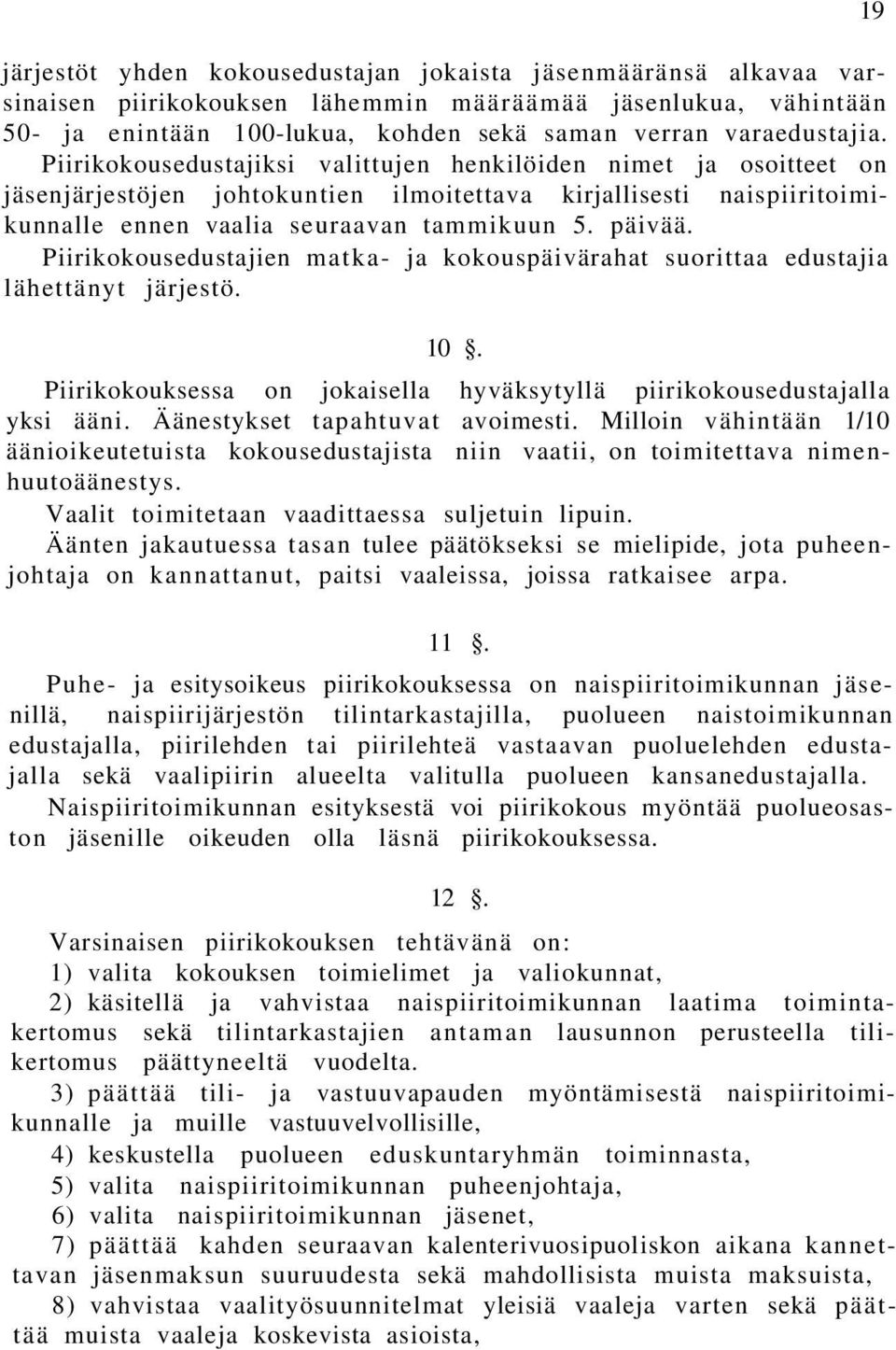 Piirikokousedustajien matka- ja kokouspäivärahat suorittaa edustajia lähettänyt järjestö. 10. Piirikokouksessa on jokaisella hyväksytyllä piirikokousedustajalla yksi ääni.