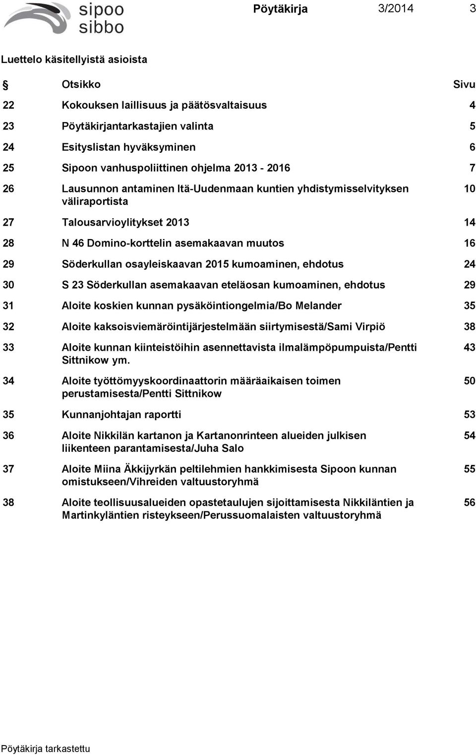 16 29 Söderkullan osayleiskaavan 2015 kumoaminen, ehdotus 24 30 S 23 Söderkullan asemakaavan eteläosan kumoaminen, ehdotus 29 31 Aloite koskien kunnan pysäköintiongelmia/bo Melander 35 32 Aloite