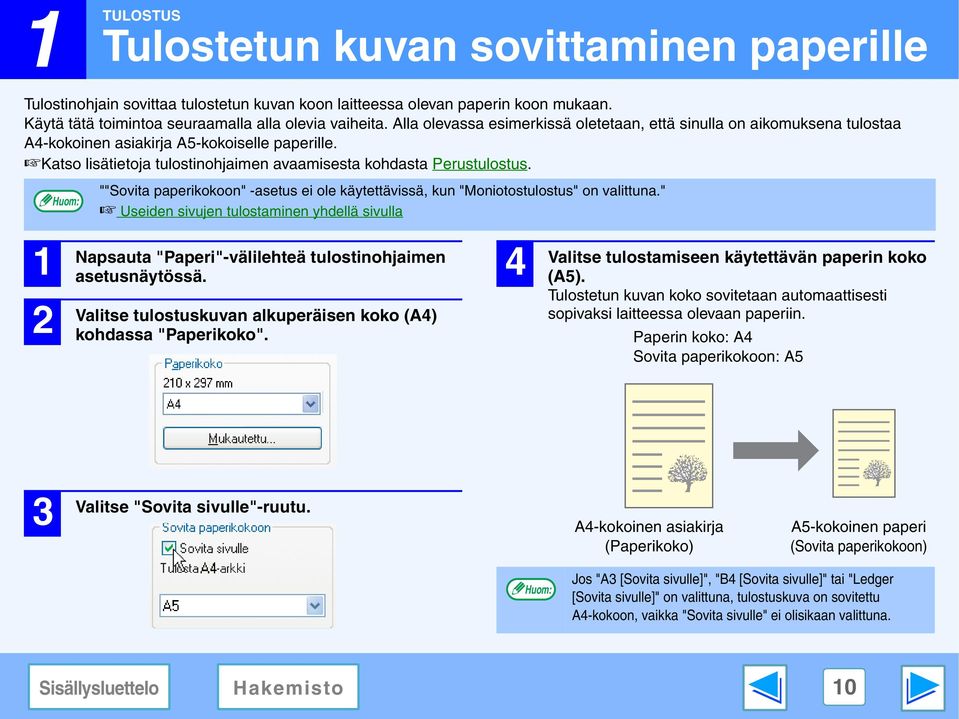 ""Sovita paperikokoon" -asetus ei ole käytettävissä, kun "Moniotostulostus" on valittuna." Useiden sivujen tulostaminen yhdellä sivulla Napsauta "Paperi"-välilehteä tulostinohjaimen asetusnäytössä.