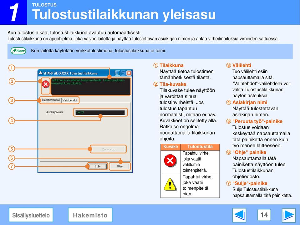 Kun laitetta käytetään verkkotulostimena, tulostustilaikkuna ei toimi. 3 4 5 6 7 Tilaikkuna Näyttää tietoa tulostimen tämänhetkisestä tilasta.