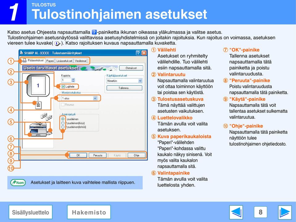 Katso rajoituksen kuvaus napsauttamalla kuvaketta. 3 4 5 6 7 8 9 0 Asetukset ja laitteen kuva vaihtelee mallista riippuen. 3 4 5 6 Välilehti Asetukset on ryhmitelty välilehdille.