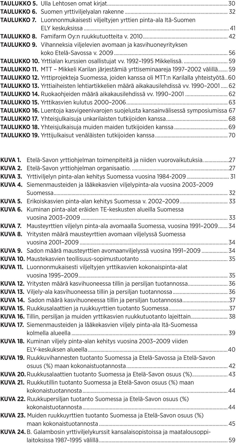1992 1995 Mikkelissä.... 59 TAULUKKO 11. MTT Mikkeli Karilan järjestämiä yrttiseminaareja 1997 2002 välillä... 59 TAULUKKO 12. Yrttiprojekteja Suomessa, joiden kanssa oli MTT:n Karilalla yhteistyötä.
