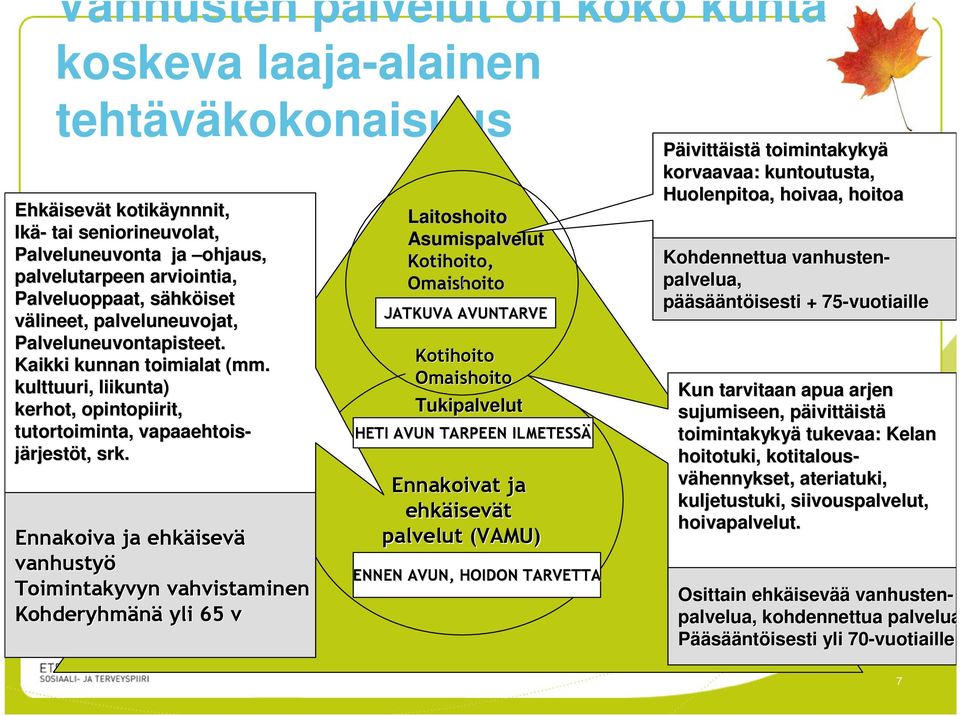 toimintakykyä korvaavaa: kuntoutusta, Huolenpitoa, hoivaa, hoitoa Kohdennettua vanhusten- palvelua, pääsääntöisesti + 75-vuotiaille Kun tarvitaan apua arjen sujumiseen, päivittp ivittäistä