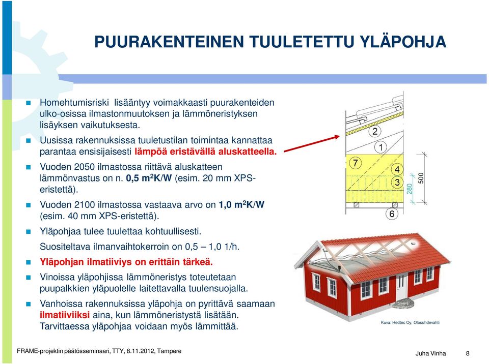 20 mm XPSeristettä). Vuoden 2100 ilmastossa vastaava arvo on 1,0 m 2 K/W (esim. 40 mm XPS-eristettä). Yläpohjaa tulee tuulettaa kohtuullisesti. Suositeltava ilmanvaihtokerroin on 0,5 1,0 1/h.