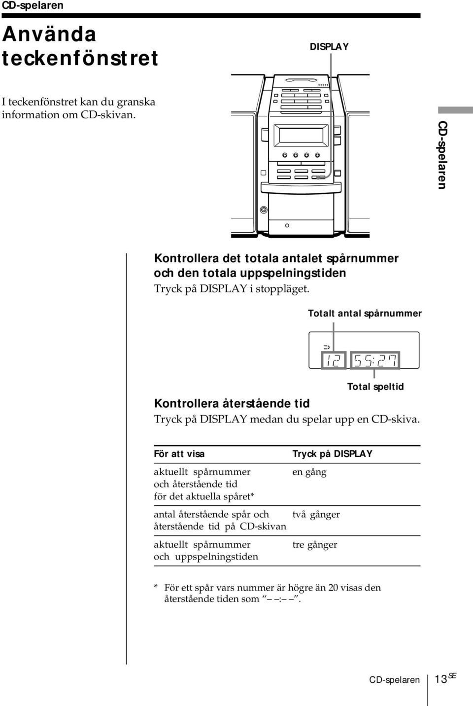Totalt antal spårnummer Total speltid Kontrollera återstående tid Tryck på DISPLAY medan du spelar upp en CD-skiva.