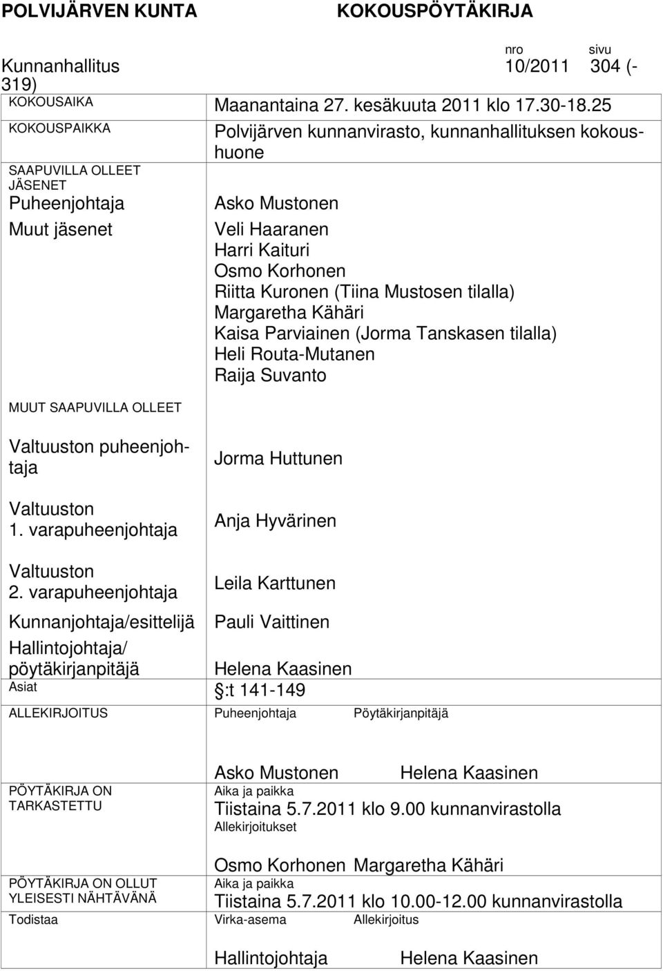 Osmo Korhonen Riitta Kuronen (Tiina Mustosen tilalla) Margaretha Kähäri Kaisa Parviainen (Jorma Tanskasen tilalla) Heli Routa-Mutanen Raija Suvanto n puheenjohtaja n 1.