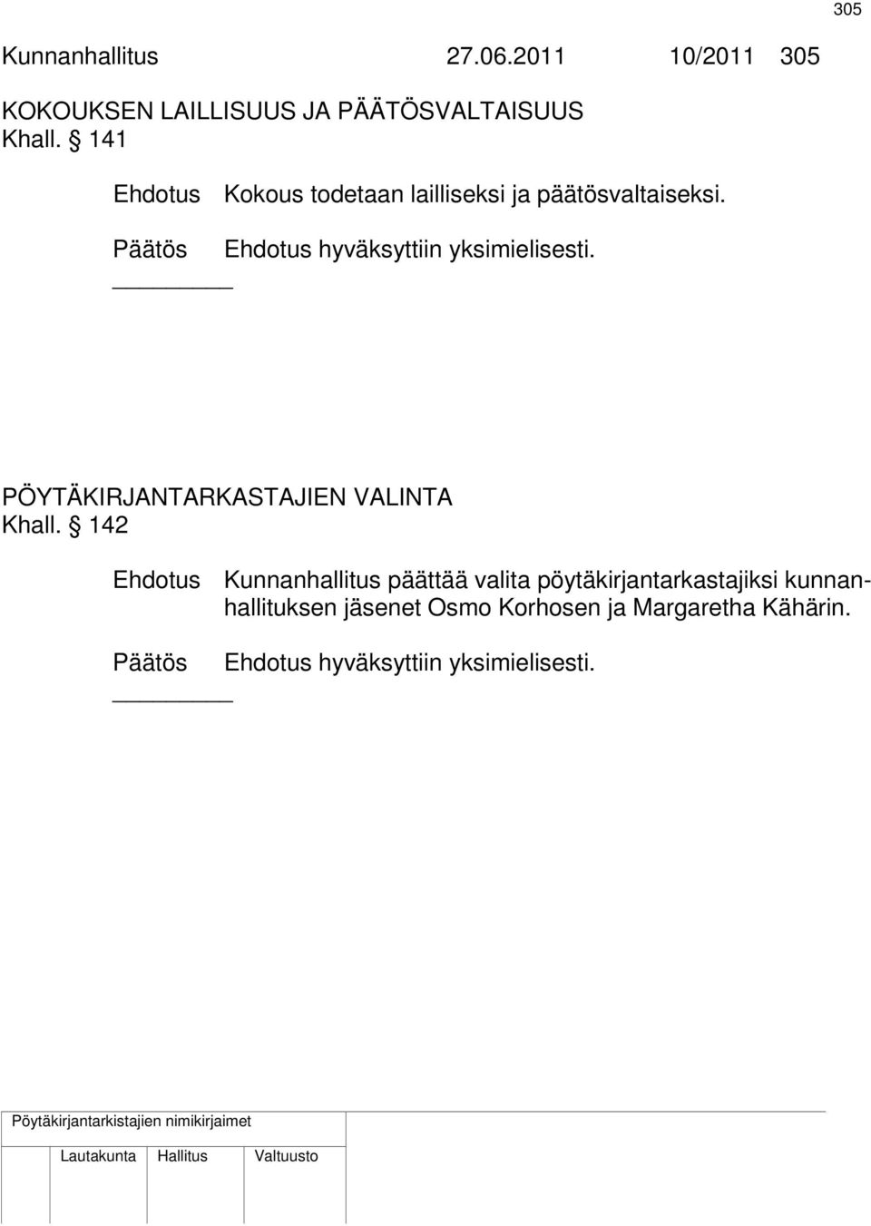 Päätös Ehdotus hyväksyttiin yksimielisesti. PÖYTÄKIRJANTARKASTAJIEN VALINTA Khall.