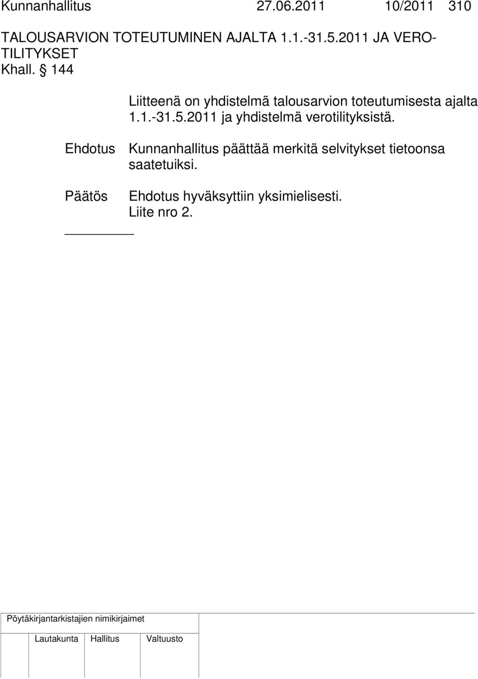 144 Liitteenä on yhdistelmä talousarvion toteutumisesta ajalta 1.1.-31.5.