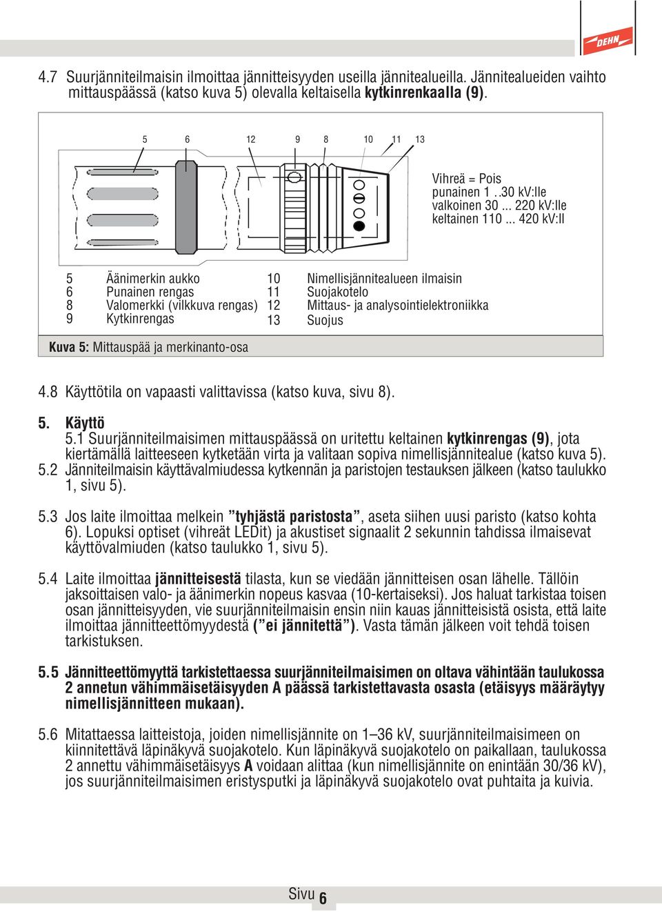 .. 420 kv:ll 5 Äänimerkin aukko 6 Punainen rengas 8 Valomerkki (vilkkuva rengas) 9 Kytkinrengas Kuva 5: Mittauspää ja merkinanto-osa 10 Nimellisjännitealueen ilmaisin 11 Suojakotelo 12 Mittaus- ja