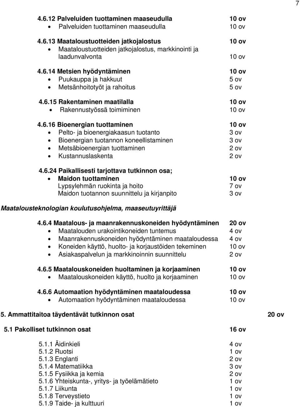 6.24 Paikallisesti tarjottava tutkinnon osa; Maidon tuottaminen 10 ov Lypsylehmän ruokinta ja hoito 7 ov Maidon tuotannon suunnittelu ja kirjanpito 3 ov Maatalousteknologian koulutusohjelma,