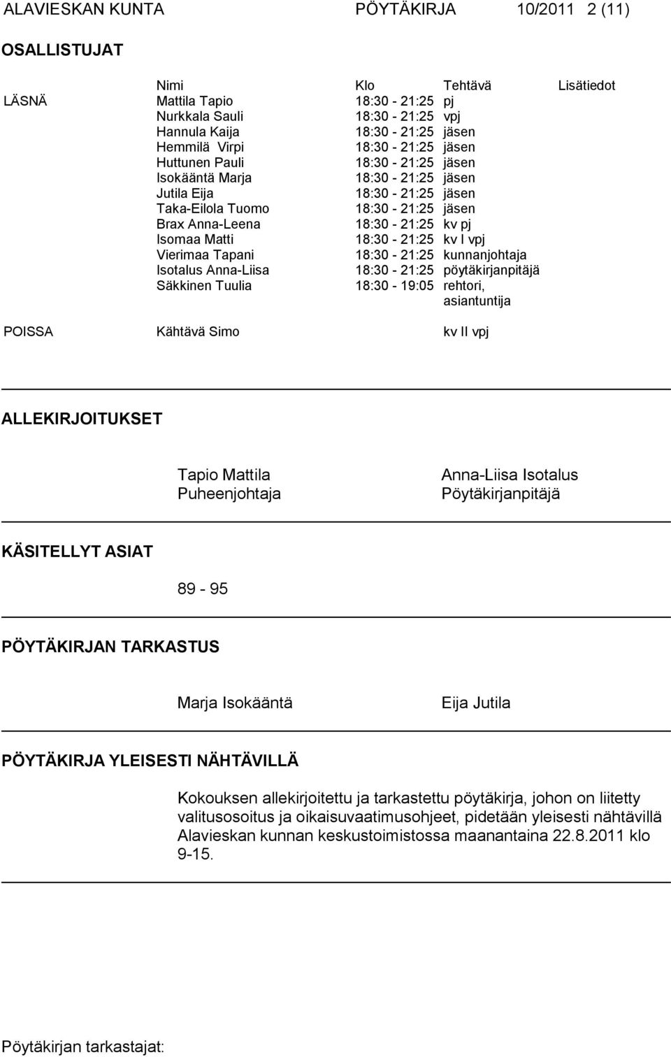 pöytäkirjanpitäjä Säkkinen Tuulia 18:30-19:05 rehtori, asiantuntija POISSA Kähtävä Simo kv II vpj ALLEKIRJOITUKSET Tapio Mattila Puheenjohtaja Anna-Liisa Isotalus Pöytäkirjanpitäjä KÄSITELLYT ASIAT