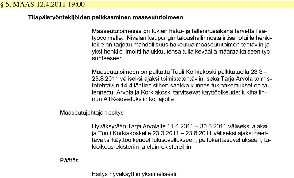 työsuhteeseen. Maaseututoimeen on palkattu Tuuli Korkiakoski palkkatuella 23.3 23.8.2011 väliseksi ajaksi toimistotehtäviin, sekä Tarja Arvola toimistotehtäviin 14.