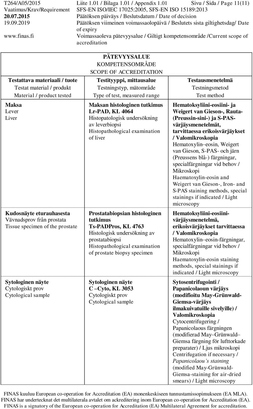 histologinen tutkimus Lr-PAD, KL 4064 Histopatologisk undersökning av leverbiopsi of liver Prostatabiopsian histologinen tutkimus Ts-PADPros, KL 4763 prostatabiopsi of prostate biopsy specimen