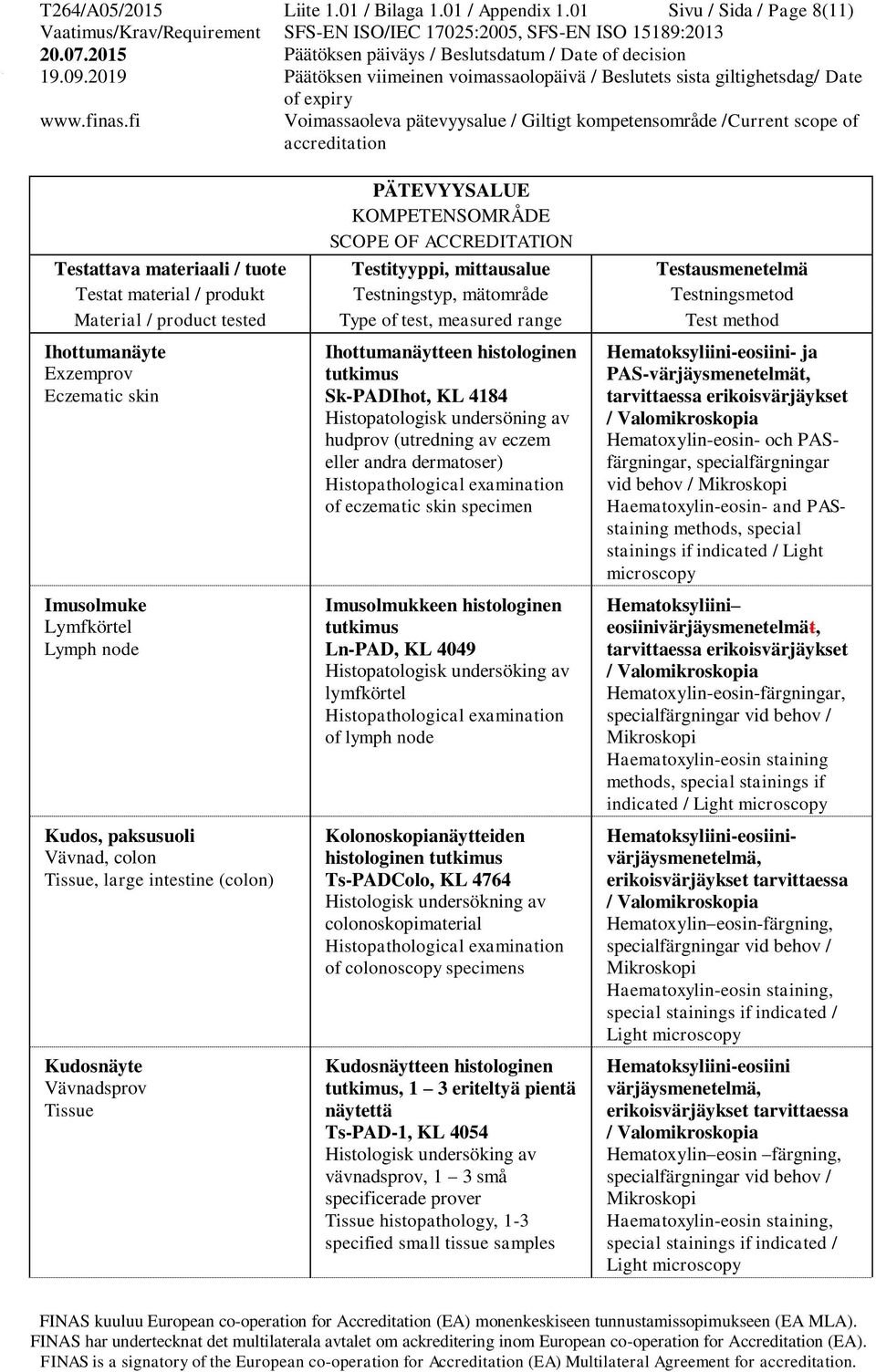 Ihottumanäytteen histologinen tutkimus Sk-PADIhot, KL 4184 Histopatologisk undersöning av hudprov (utredning av eczem eller andra dermatoser) of eczematic skin specimen Imusolmukkeen histologinen