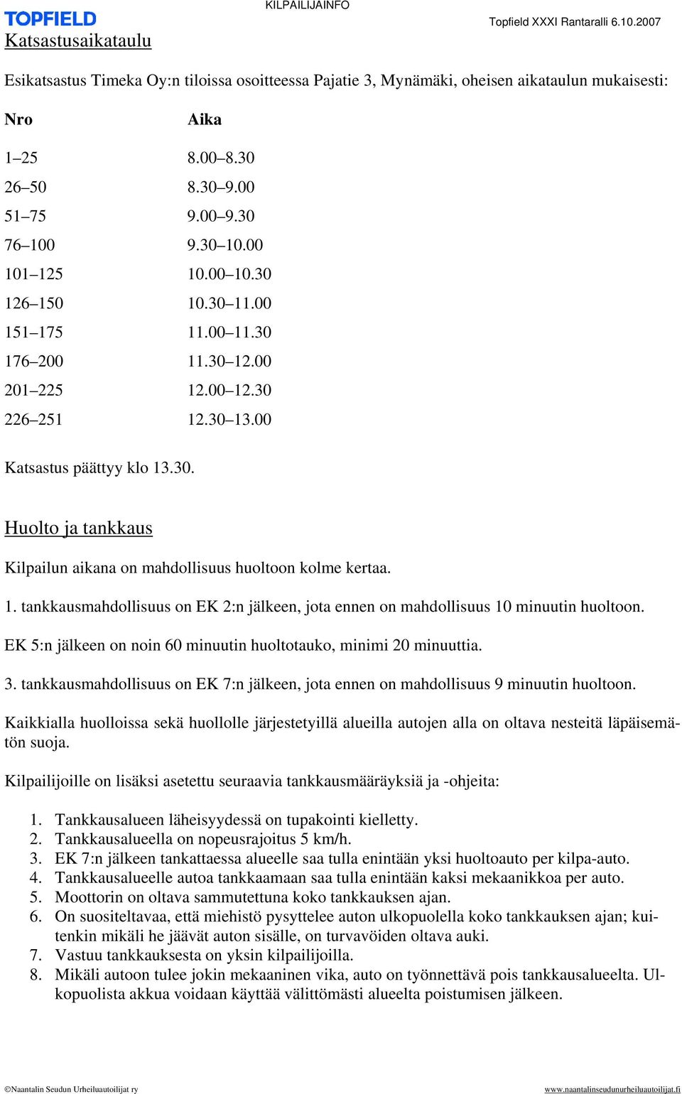 1. tankkausmahdollisuus on EK 2:n jälkeen, jota ennen on mahdollisuus 10 minuutin huoltoon. EK 5:n jälkeen on noin 60 minuutin huoltotauko, minimi 20 minuuttia. 3.