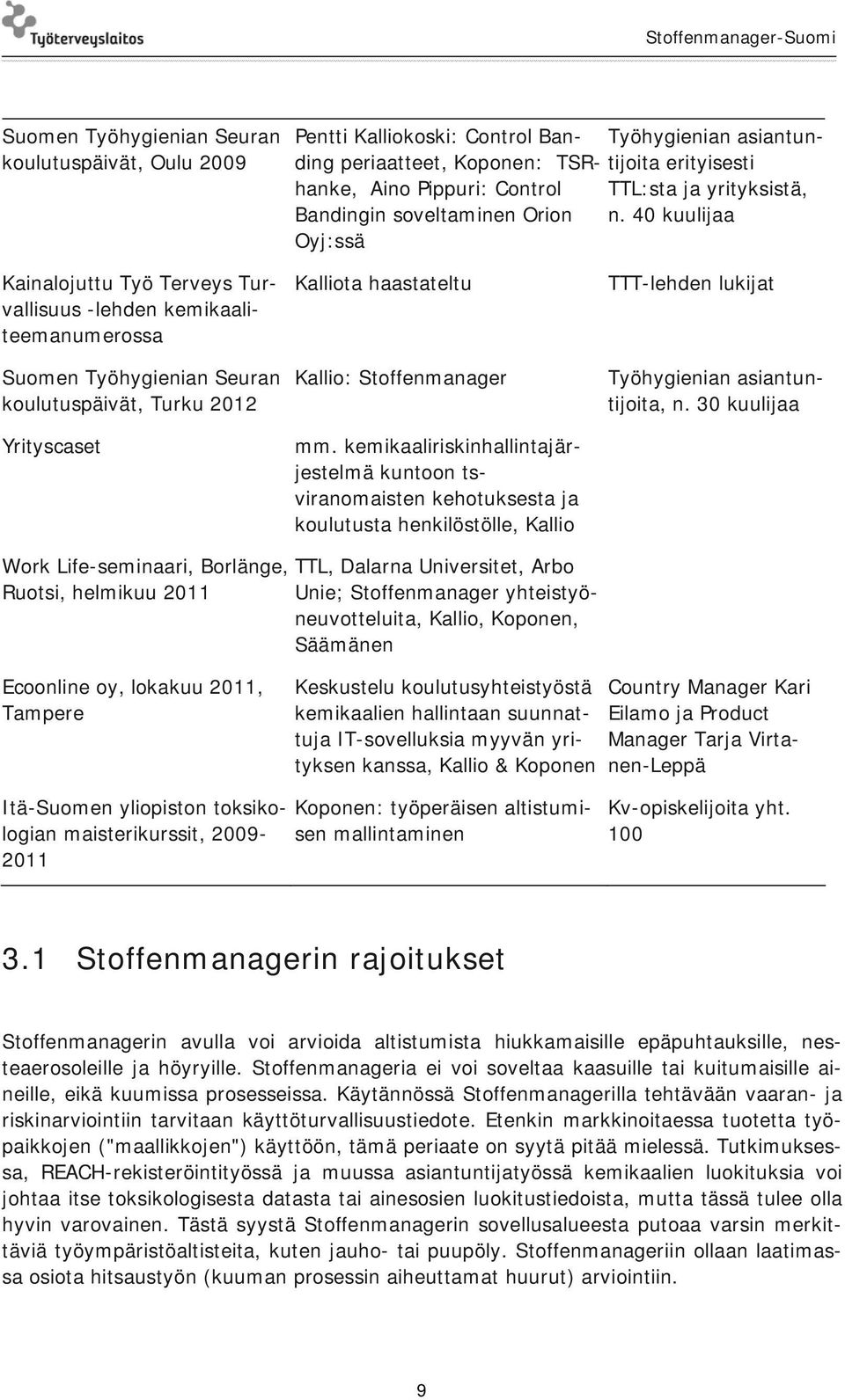 40 kuulijaa Oyj:ssä Kainalojuttu Työ Terveys Turvallisuus -lehden kemikaaliteemanumerossa Suomen Työhygienian Seuran koulutuspäivät, Turku 2012 Yrityscaset Kalliota haastateltu Kallio: Stoffenmanager