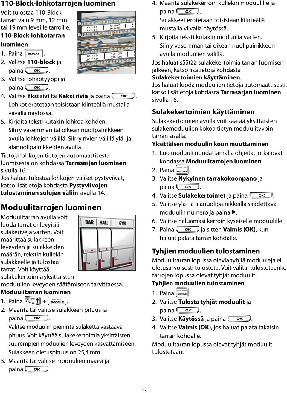 välillä Siirry rivien välillä ylä- ja alanuolipainikkeiden avulla Tietoja lohkojen tietojen automaattisesta luomisesta on kohdassa Tarrasarjan luominen sivulla 16 Jos haluat tulostaa lohkojen väliset