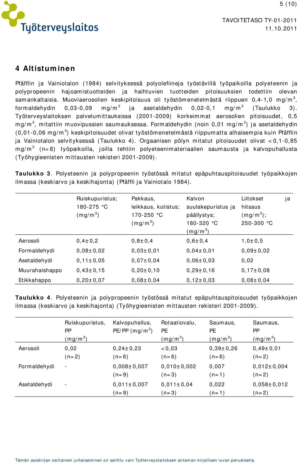 Työterveyslaitoksen palvelumittauksissa (2001-2009) korkeimmat aerosolien pitoisuudet, 0,5 mg/m 3, mitattiin muovipussien saumauksessa.