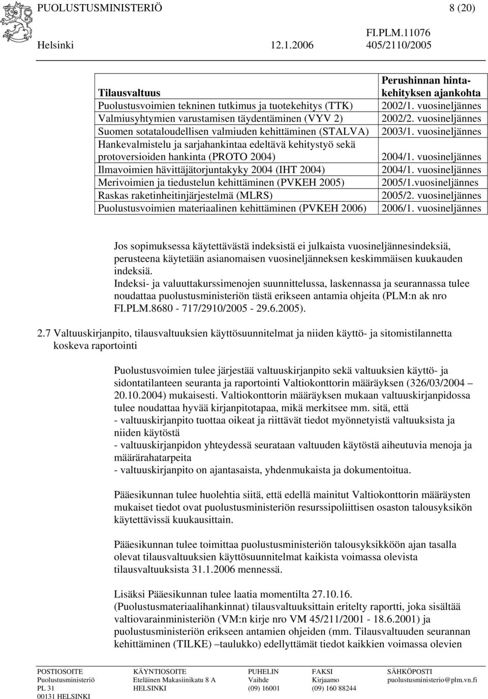 (PVKEH 2005) Raskas raketinheitinjärjestelmä (MLRS) Puolustusvoimien materiaalinen kehittäminen (PVKEH 2006) Perushinnan hintakehityksen ajankohta 2002/1. vuosineljännes 2002/2. vuosineljännes 2003/1.